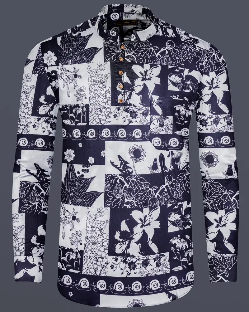 Tuatara Gray And White Floral Printed Twill Premium Cotton Kurta Shirt 8