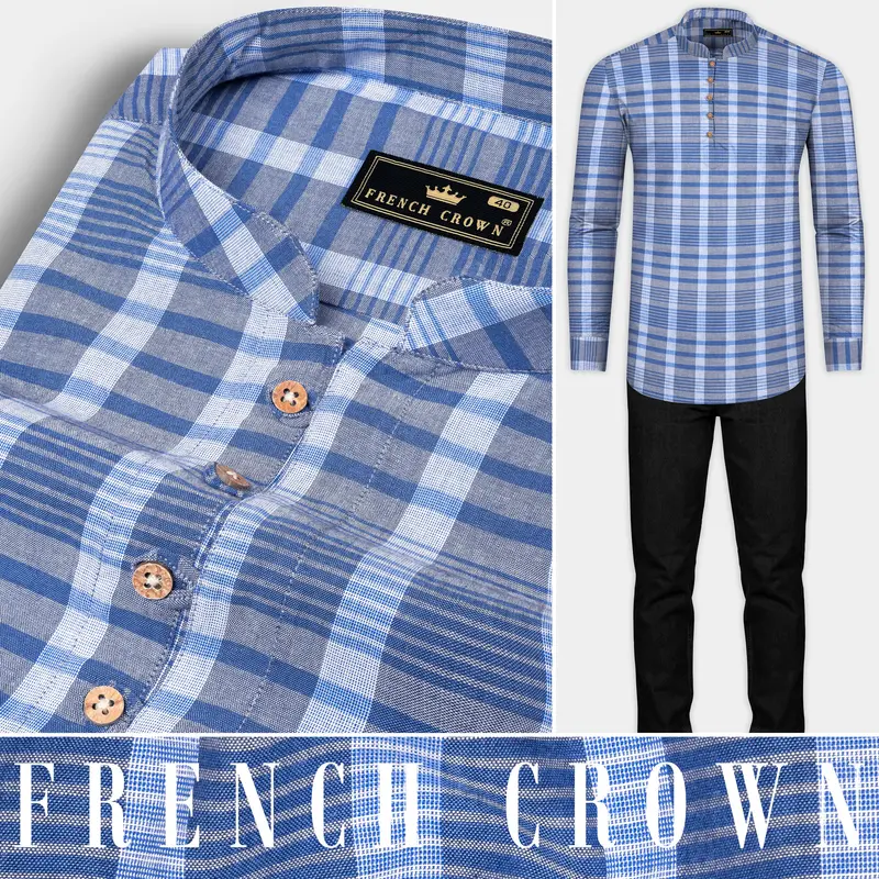 Tufts Blue And Cadet Blue Plaid Chambray Textured Premium Cotton Shirt 10