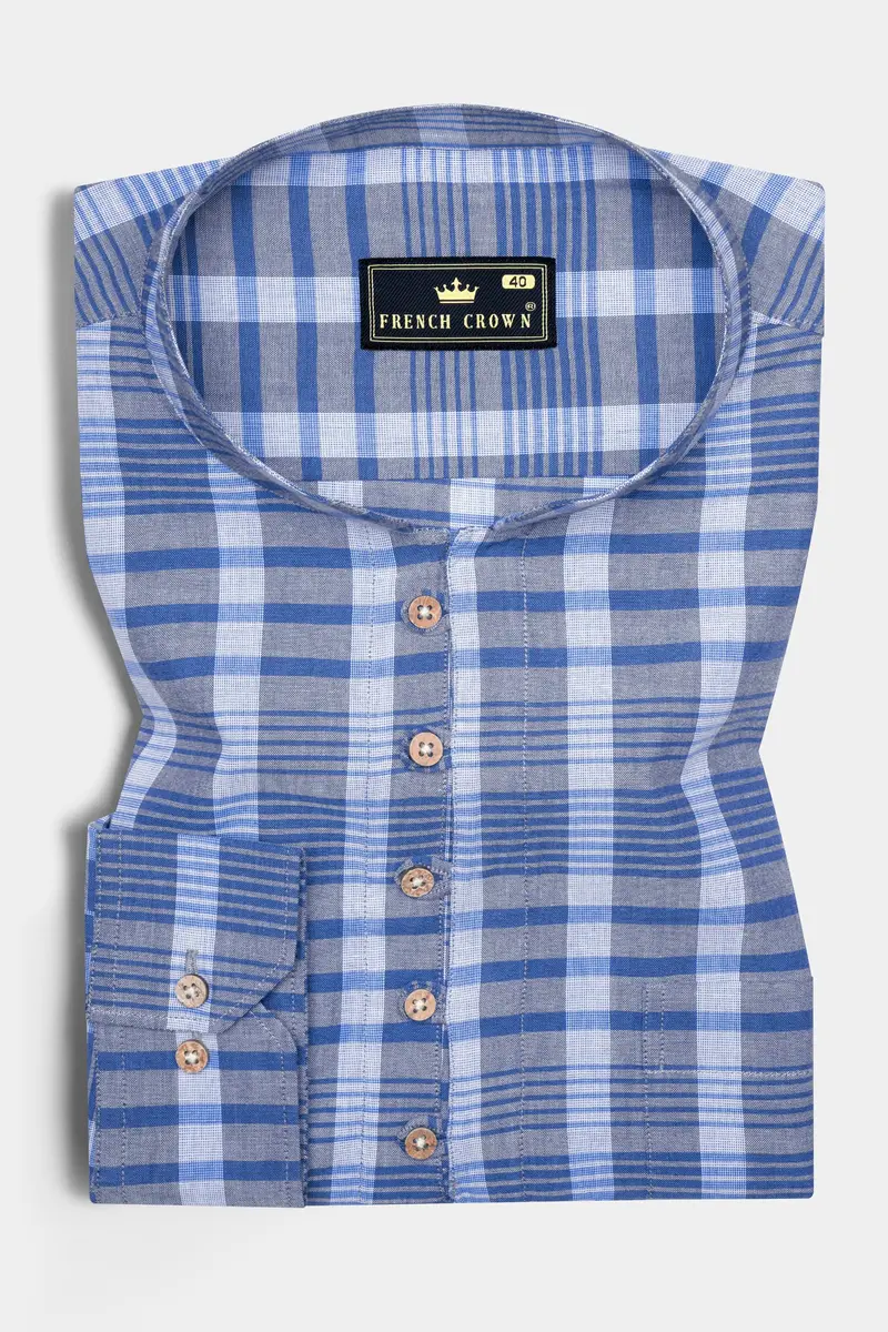 Tufts Blue And Cadet Blue Plaid Chambray Textured Premium Cotton Shirt 2