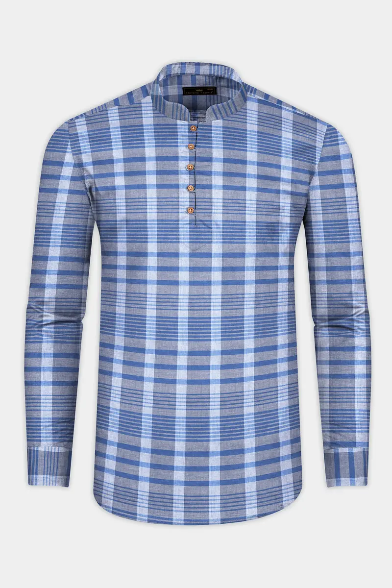 Tufts Blue And Cadet Blue Plaid Chambray Textured Premium Cotton Shirt 5