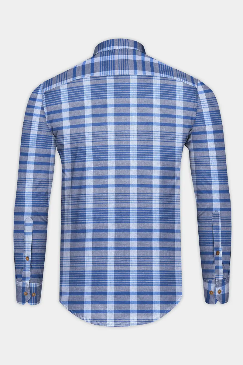 Tufts Blue And Cadet Blue Plaid Chambray Textured Premium Cotton Shirt 6