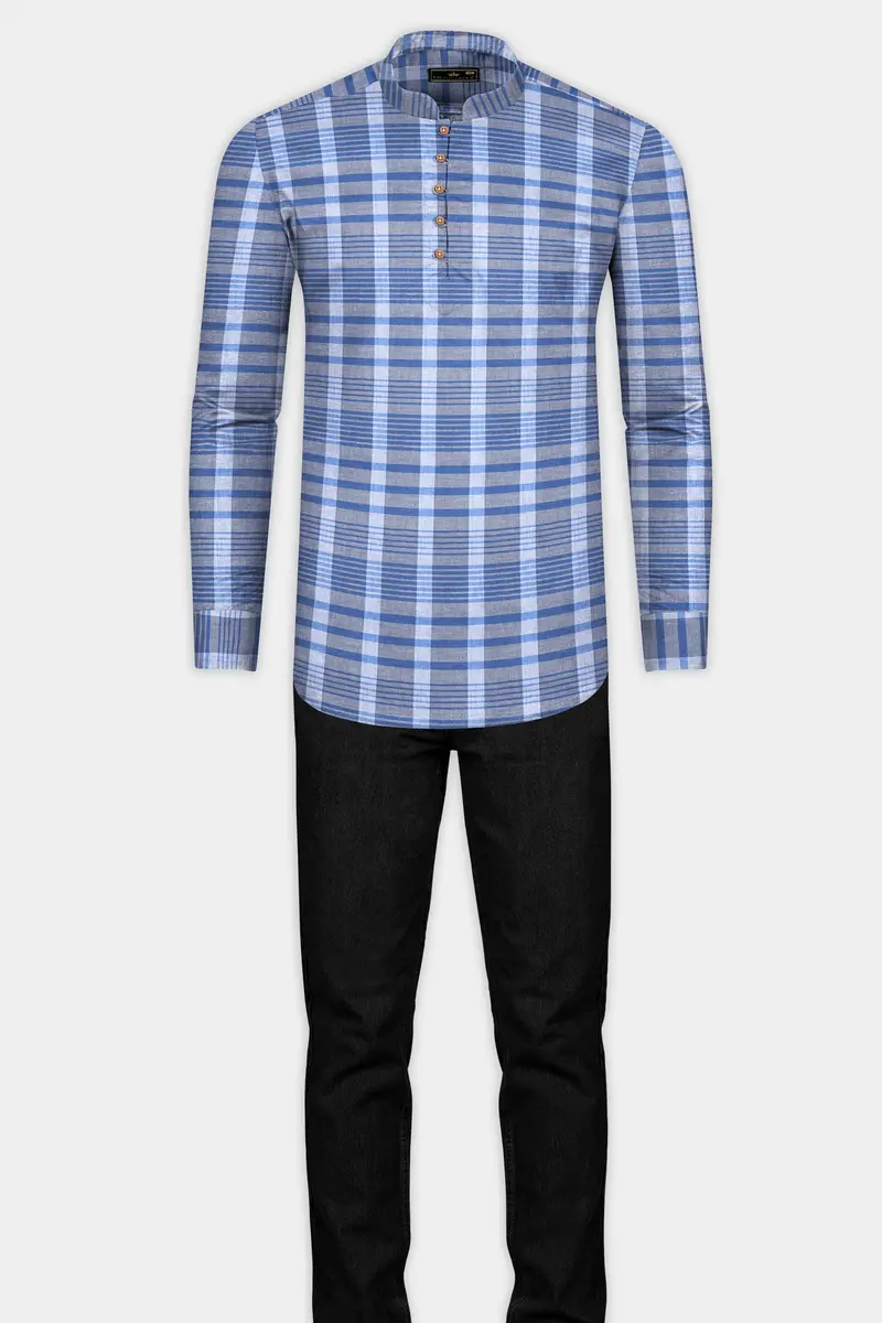 Tufts Blue And Cadet Blue Plaid Chambray Textured Premium Cotton Shirt 7