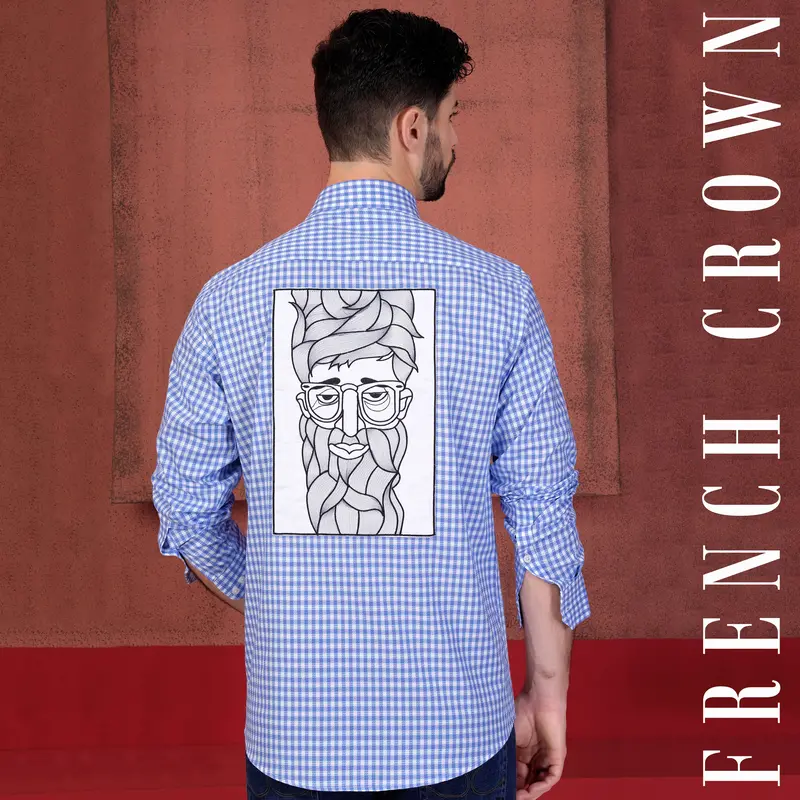 Tufts Blue And White Checkered With Bearded Man Patchwork Dobby Textured Premium Giza Cotton Designer Shirt 1