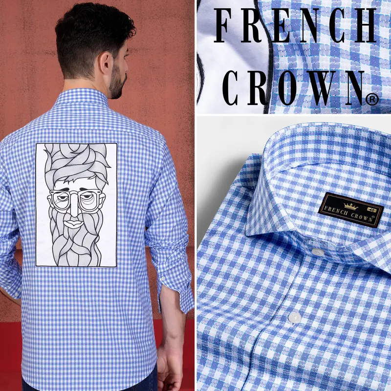 Tufts Blue And White Checkered With Bearded Man Patchwork Dobby Textured Premium Giza Cotton Designer Shirt 10