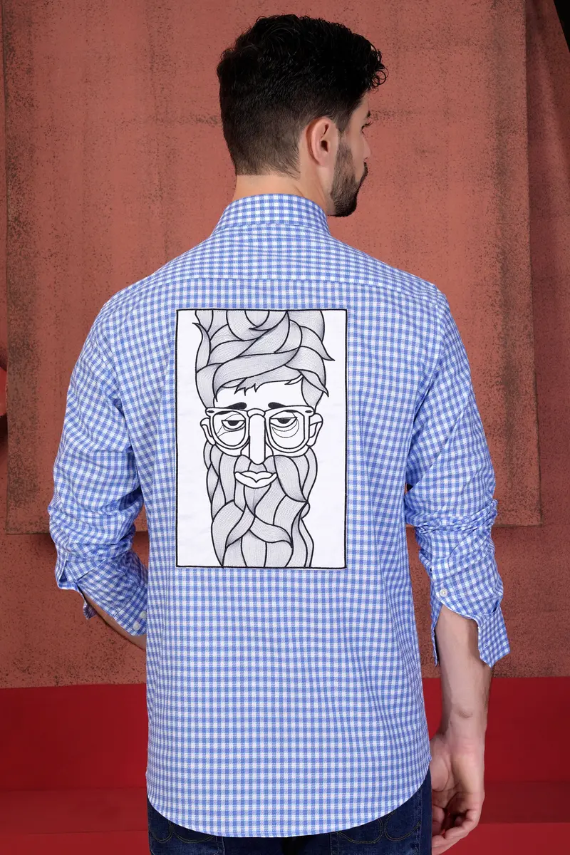 Tufts Blue And White Checkered With Bearded Man Patchwork Dobby Textured Premium Giza Cotton Designer Shirt 2