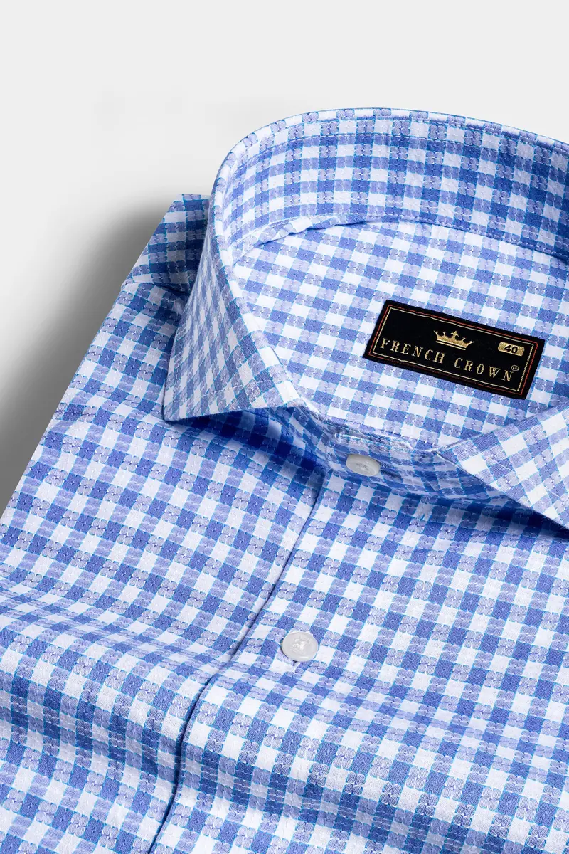 Tufts Blue And White Checkered With Bearded Man Patchwork Dobby Textured Premium Giza Cotton Designer Shirt 4