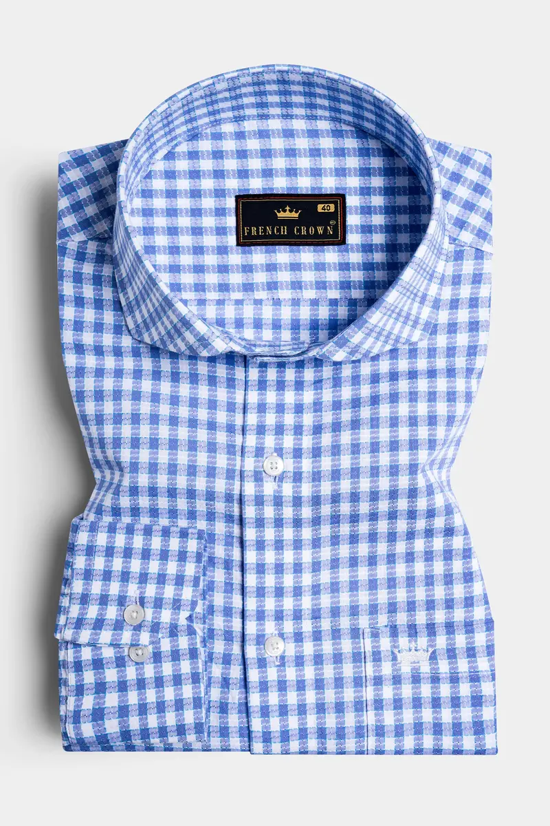 Tufts Blue And White Checkered With Bearded Man Patchwork Dobby Textured Premium Giza Cotton Designer Shirt 5