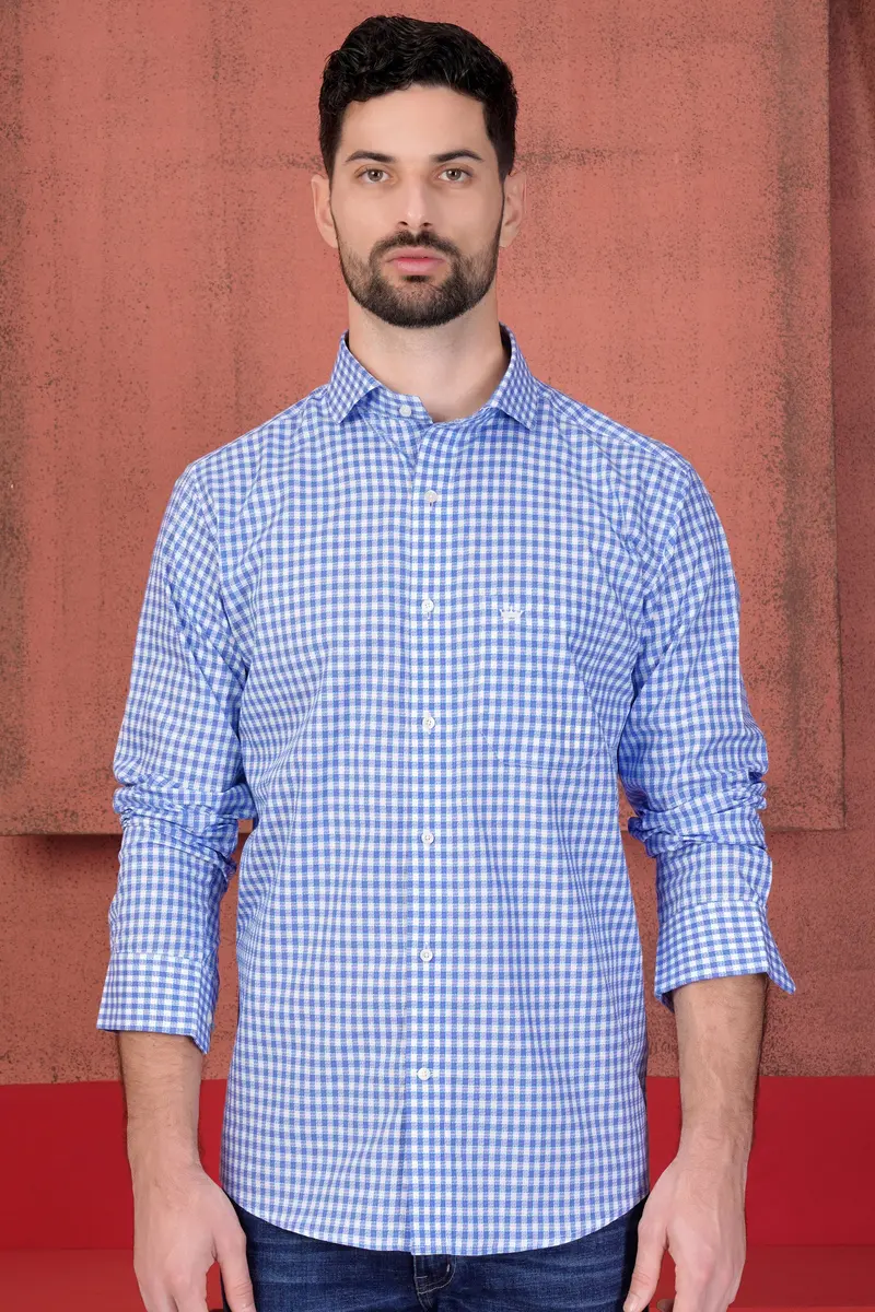 Tufts Blue And White Checkered With Bearded Man Patchwork Dobby Textured Premium Giza Cotton Designer Shirt 6
