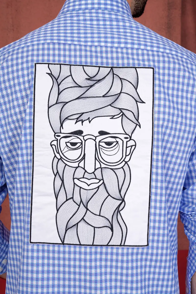 Tufts Blue And White Checkered With Bearded Man Patchwork Dobby Textured Premium Giza Cotton Designer Shirt 7