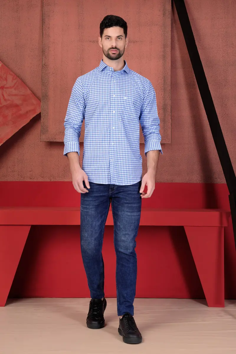 Tufts Blue And White Checkered With Bearded Man Patchwork Dobby Textured Premium Giza Cotton Designer Shirt 8