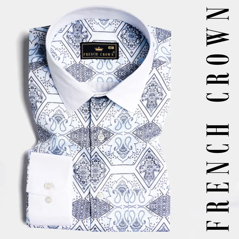 Tufts Blue Ethnic Printed With White Cuffs And Collar Subtle Sheen Super Soft Premium Cotton Shirt 1