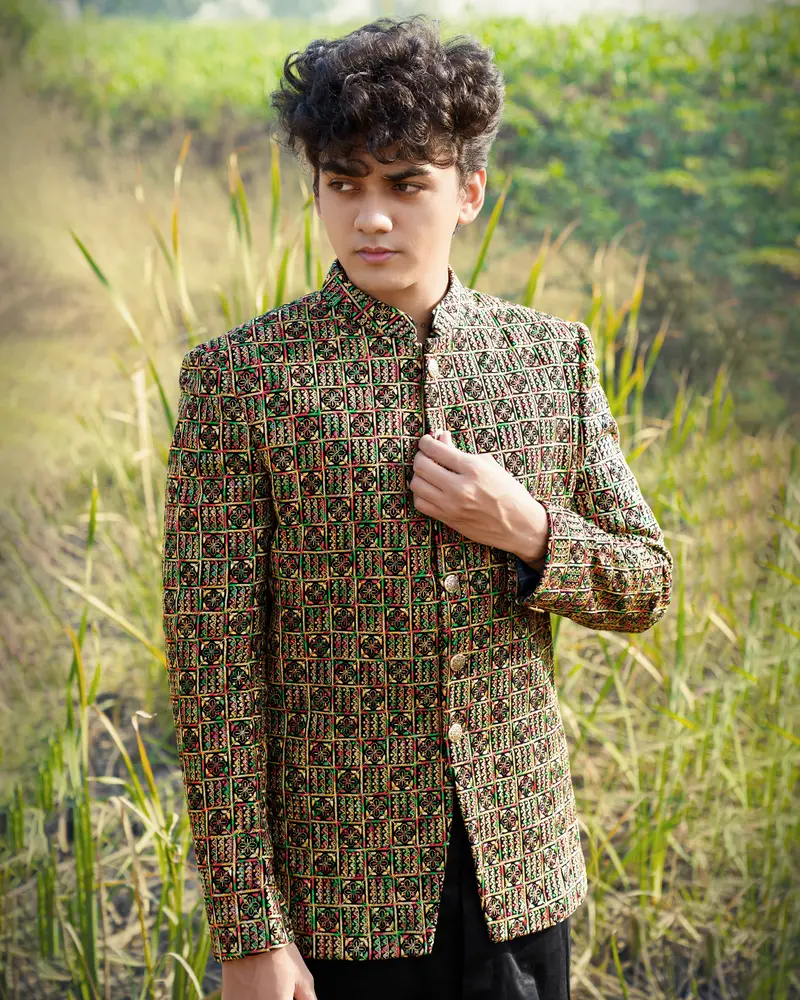 Tulip Tree Yellow With Jade Black Multicoloured Cotton Embroidered Thread Work Bandhgala Sherwani With Kurta And Pyjama 1