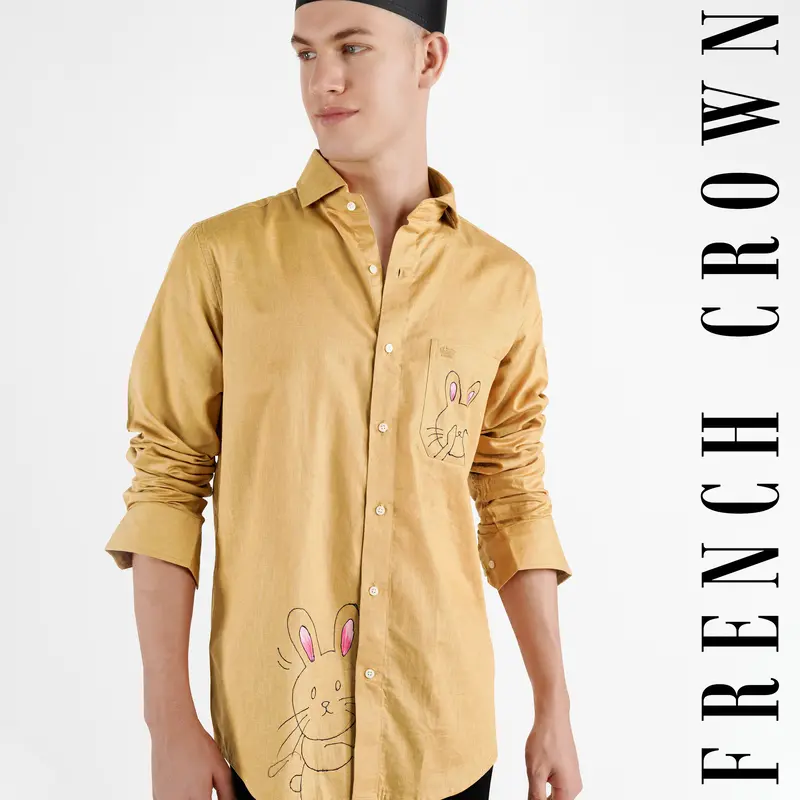 Tumbleweed Brown Rabbit Hand Painted Luxurious Linen Designer Shirt 1