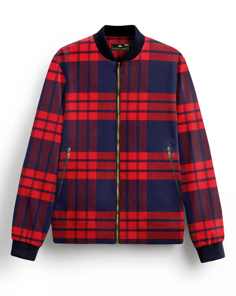 Tuna Blue And Crimson Red Checkered Flannel Bomber Jacket 1