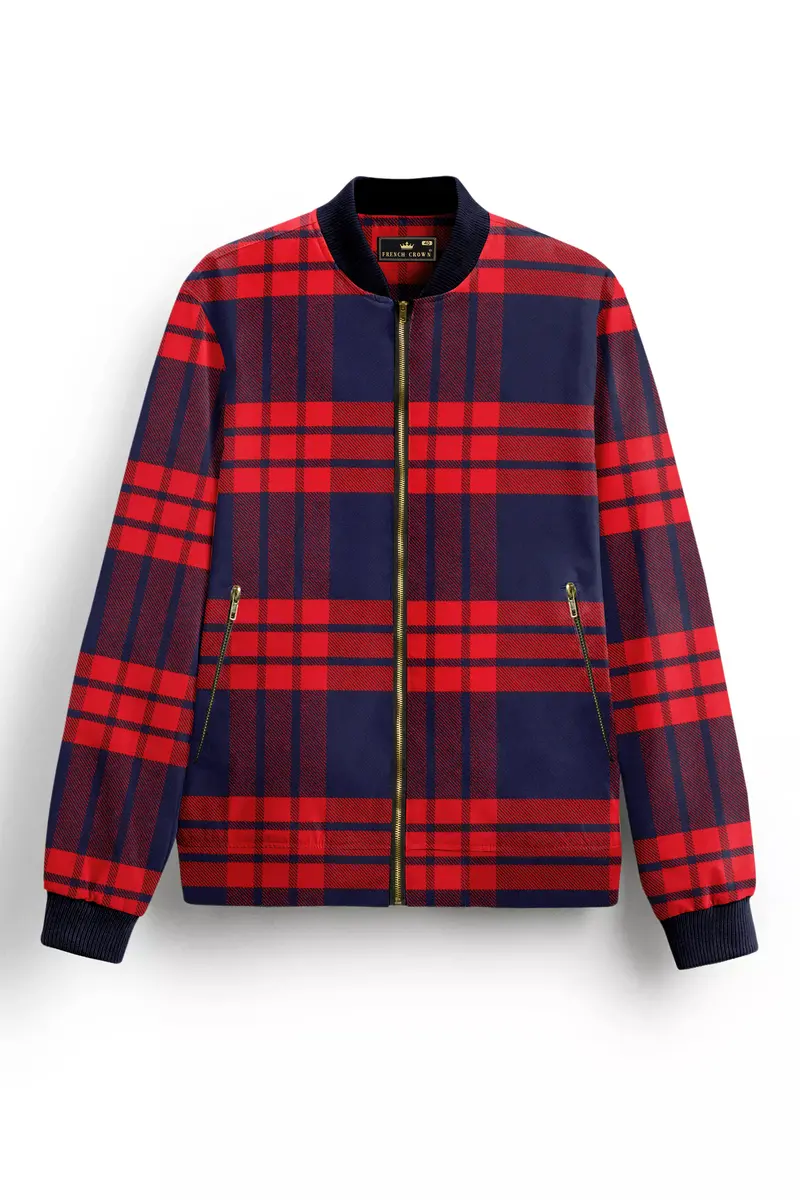 Tuna Blue And Crimson Red Checkered Flannel Bomber Jacket 2