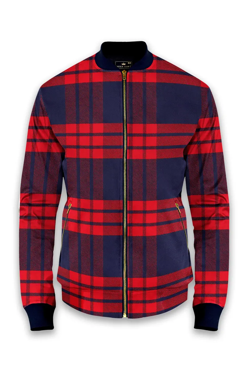 Tuna Blue And Crimson Red Checkered Flannel Bomber Jacket 5