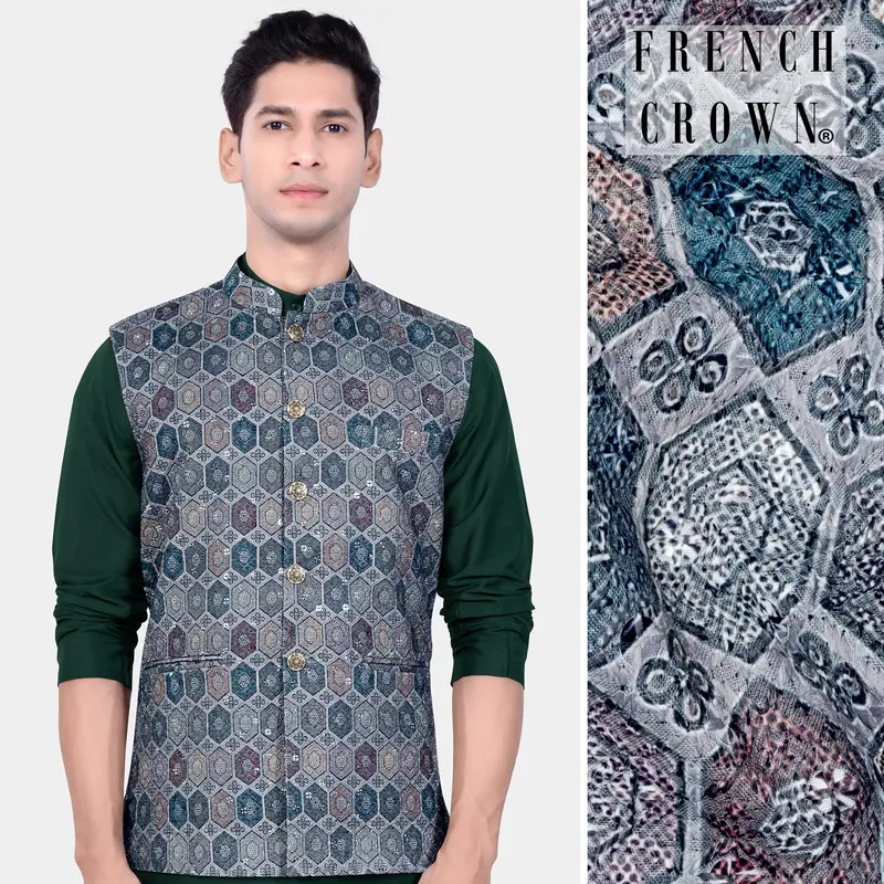 Tuna Blue And Gunsmoke Gray Multicolour Embroidered Nehru Jacket 1