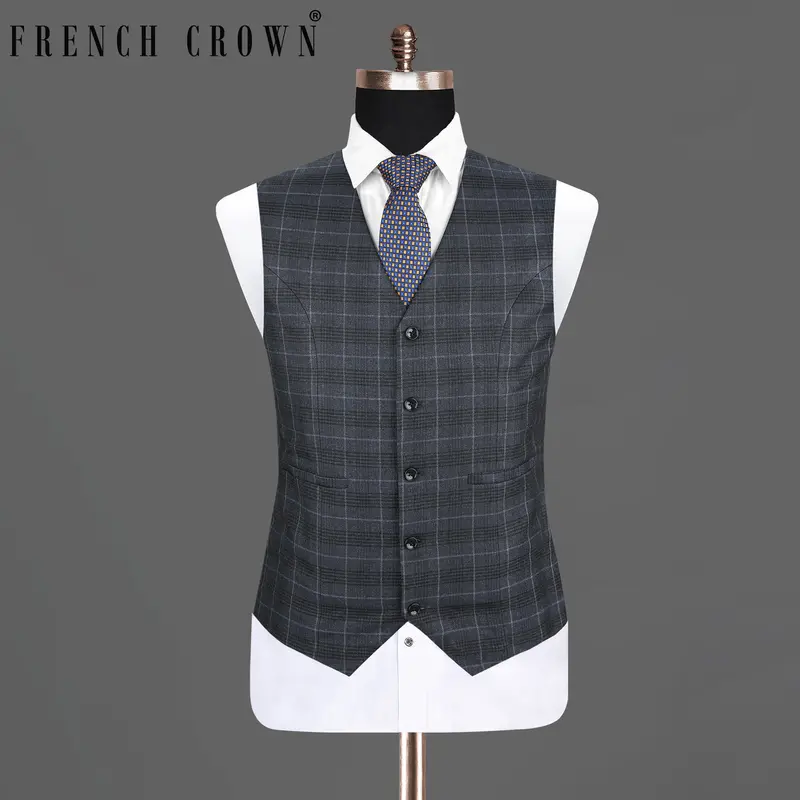 Tuna Blue Checked Luxurious Wool Rich Waistcoat 1