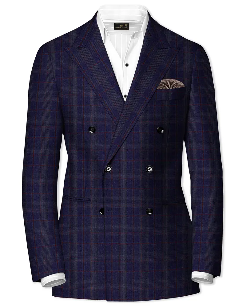 Tuna Blue Checkered Wool Blend Double Breasted Blazer 1