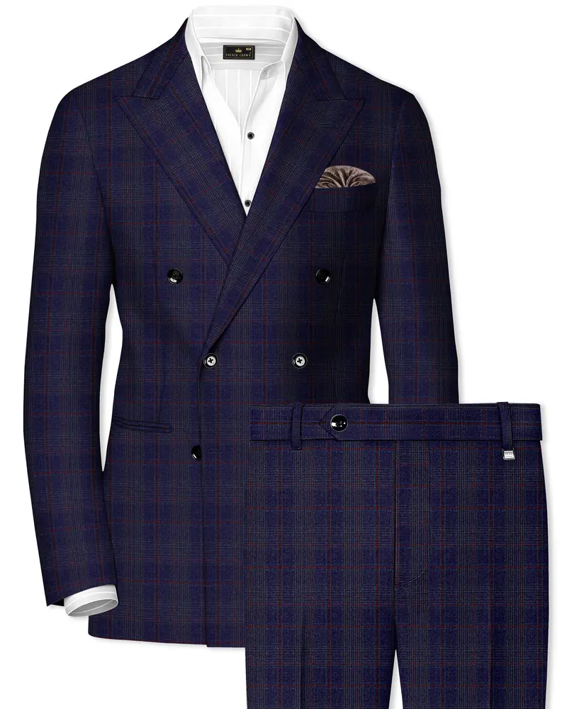 Tuna Blue Checkered Wool Blend Double Breasted Suit 1