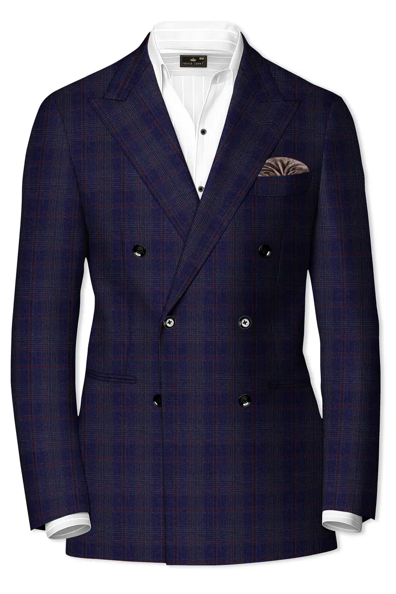 Tuna Blue Checkered Wool Blend Double Breasted Suit 10