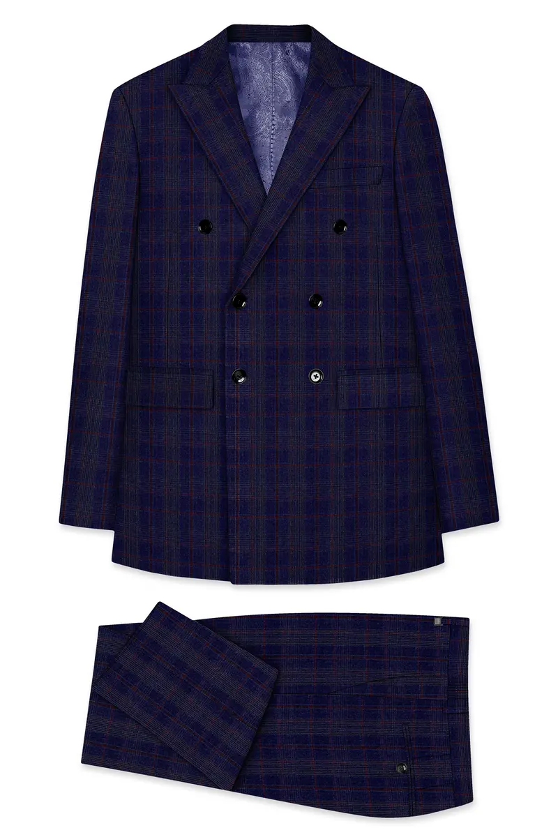 Tuna Blue Checkered Wool Blend Double Breasted Suit 11
