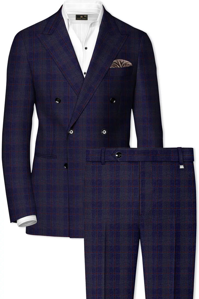 Tuna Blue Checkered Wool Blend Double Breasted Suit 2