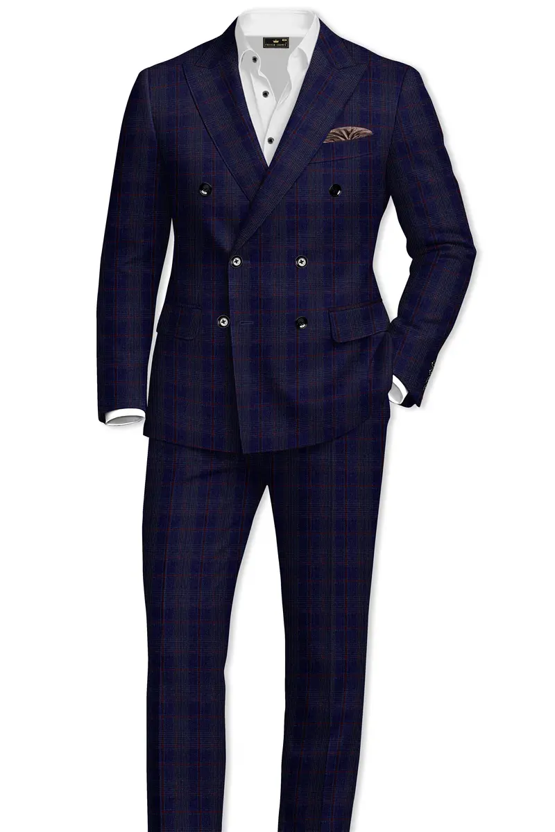 Tuna Blue Checkered Wool Blend Double Breasted Suit 4