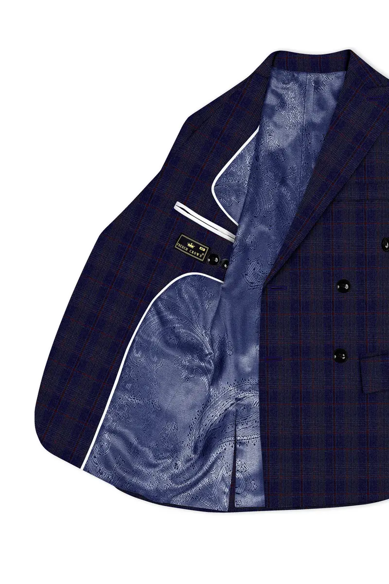 Tuna Blue Checkered Wool Blend Double Breasted Suit 6