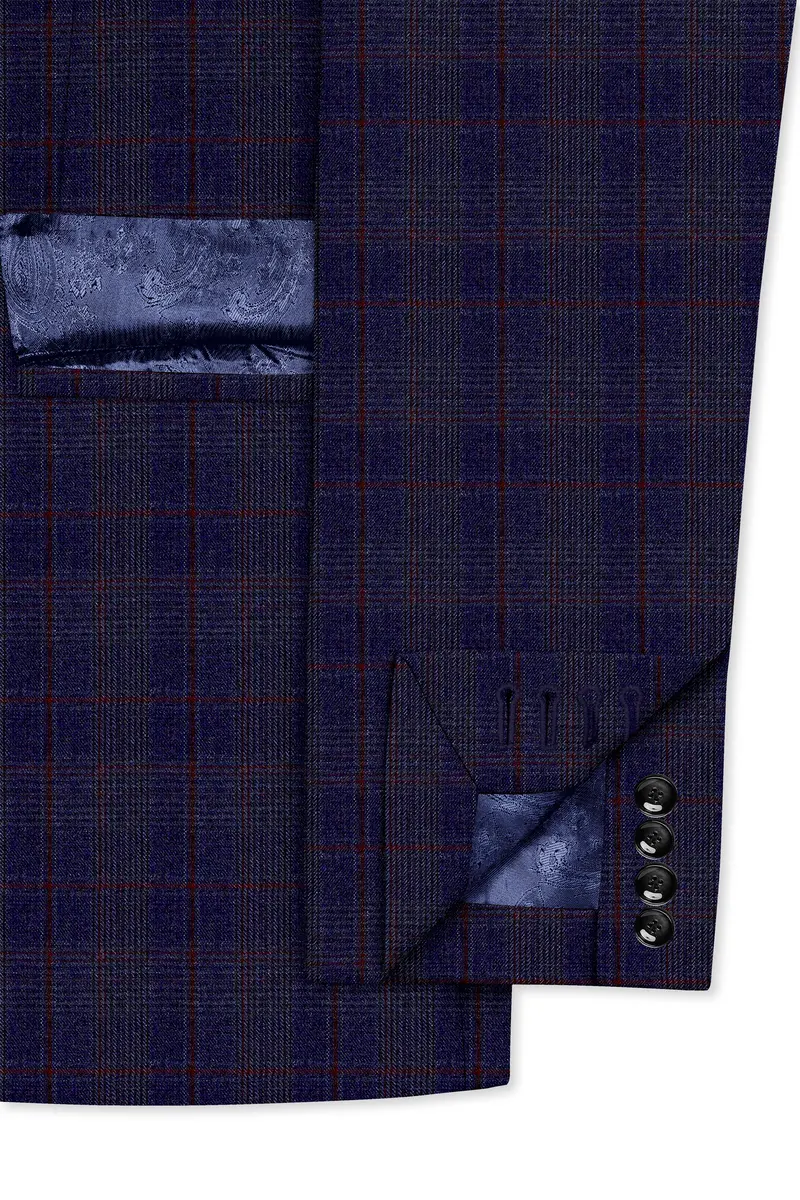Tuna Blue Checkered Wool Blend Double Breasted Suit 7