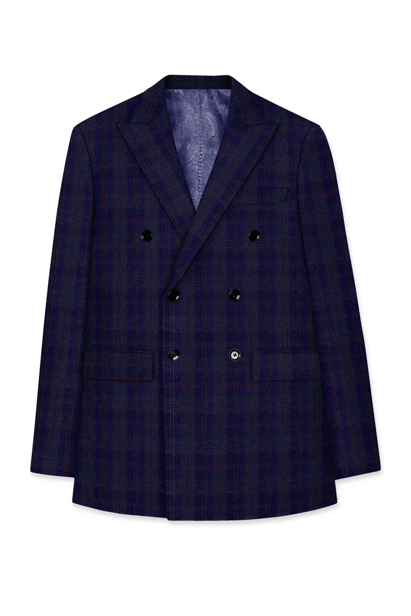 Tuna Blue Checkered Wool Blend Double Breasted Suit 8
