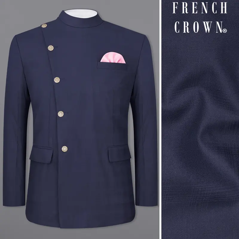 Tuna Blue Cross Placket Bandhgala Blazer 1