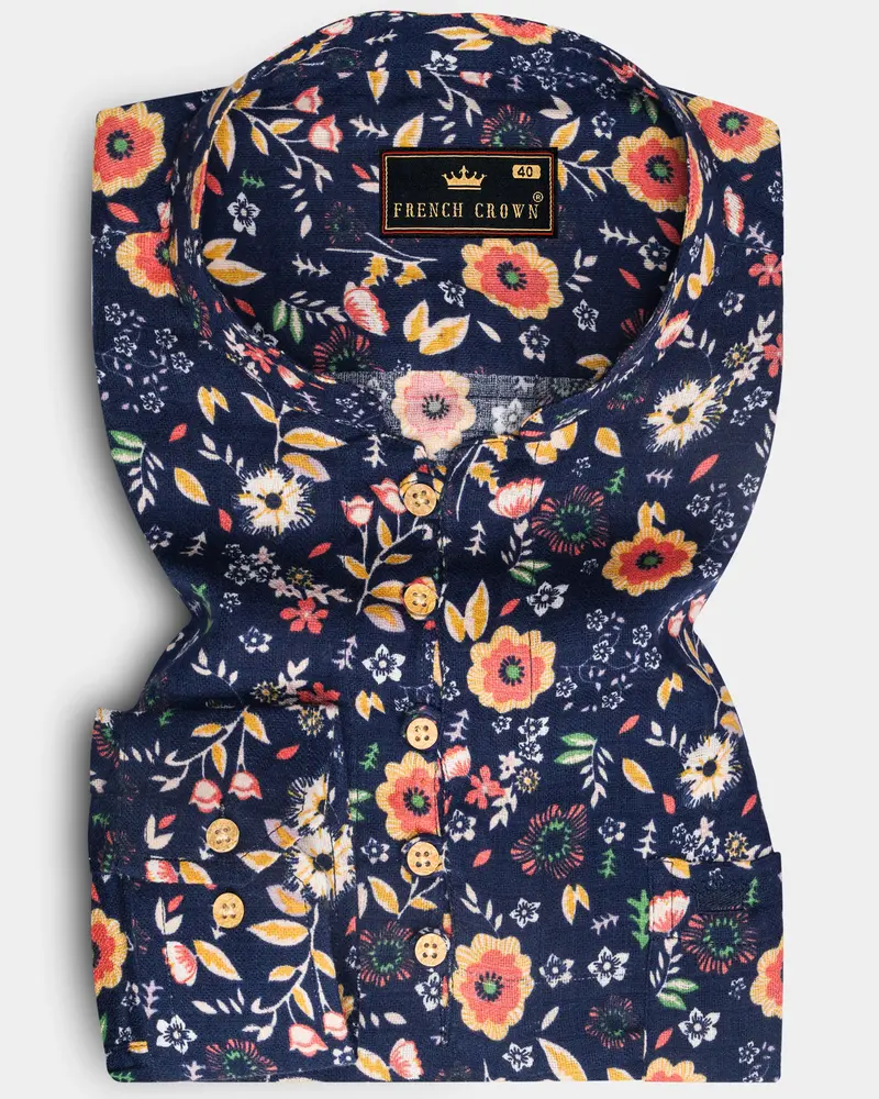 Tuna Blue With Multicolored Ditzy Floral Printed Dobby Textured Premium Giza Cotton Kurta Shirt 1