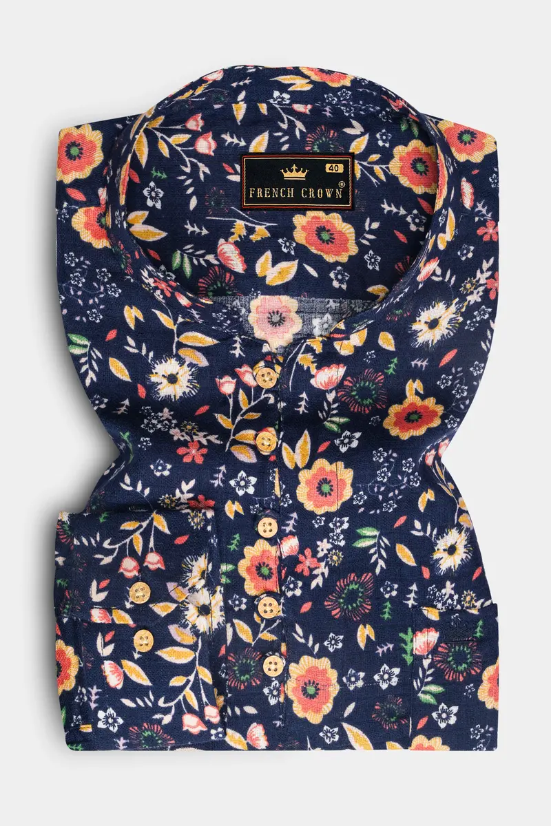 Tuna Blue With Multicolored Ditzy Floral Printed Dobby Textured Premium Giza Cotton Kurta Shirt 2