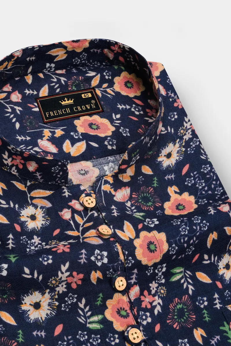 Tuna Blue With Multicolored Ditzy Floral Printed Dobby Textured Premium Giza Cotton Kurta Shirt 4