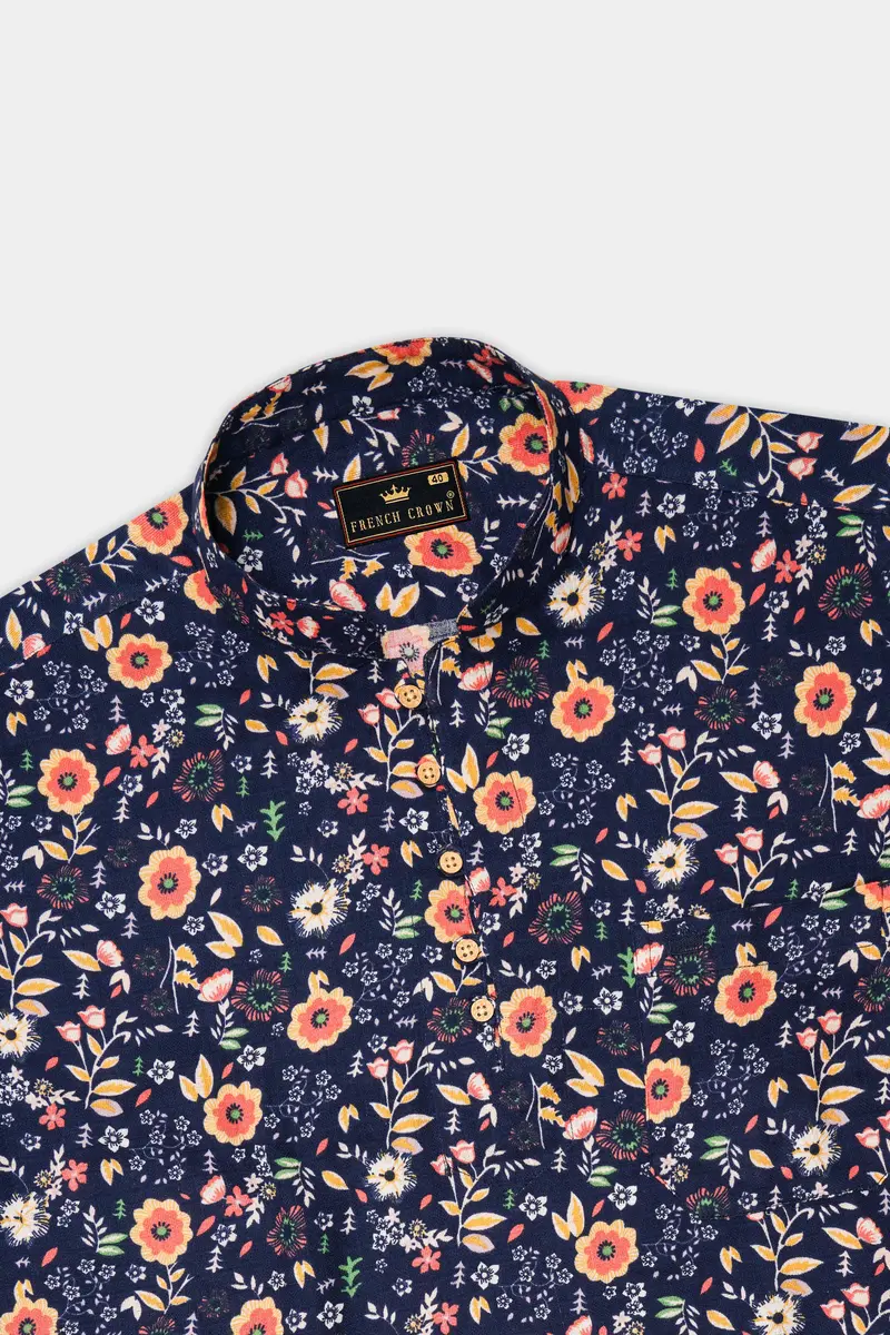 Tuna Blue With Multicolored Ditzy Floral Printed Dobby Textured Premium Giza Cotton Kurta Shirt 5