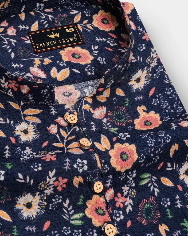 Tuna Blue With Multicolored Ditzy Floral Printed Dobby Textured Premium Giza Cotton Kurta Shirt 6