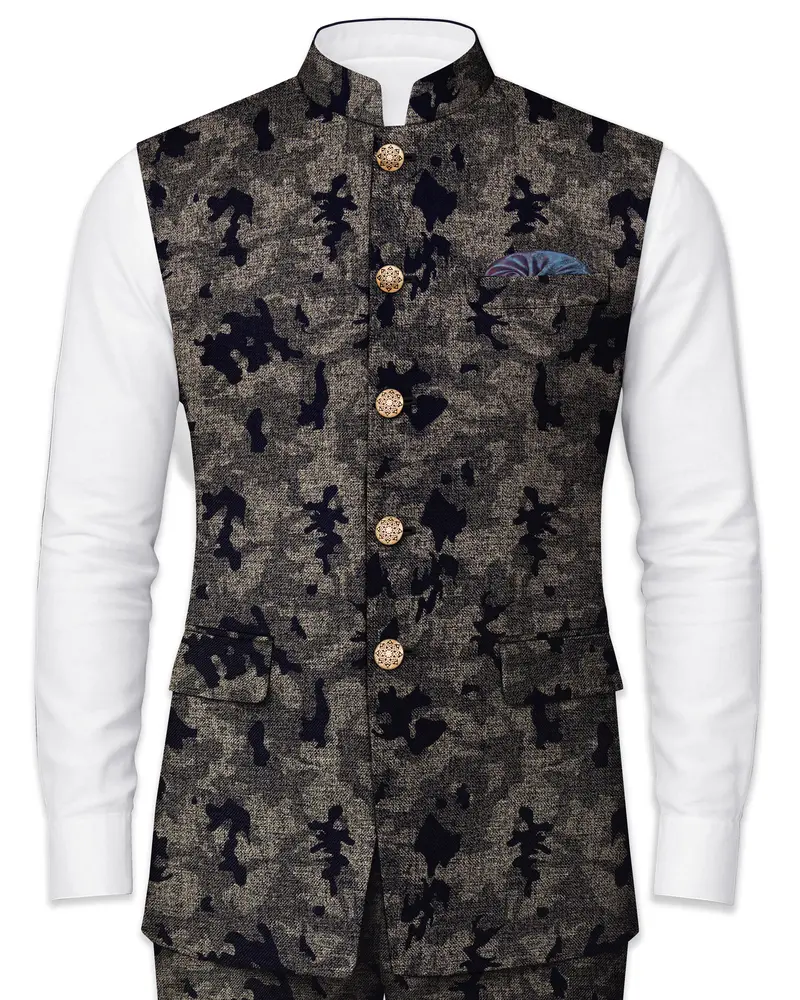 Tundora Brown With Jade Black Ditsy Textured Designer Nehru Jacket 1