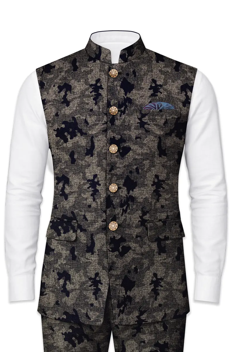 Tundora Brown With Jade Black Ditsy Textured Designer Nehru Jacket 2