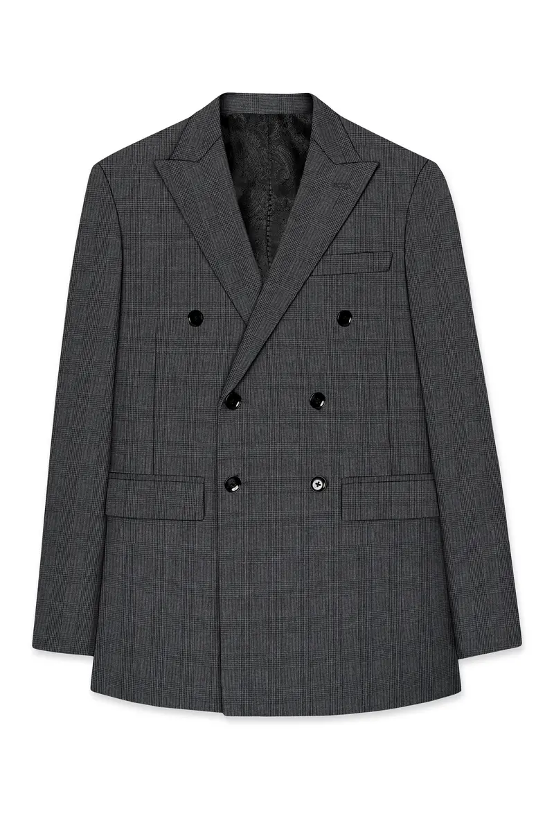 Tundora Dark Gray Subtle Plaid Double-Breasted Blazer 7