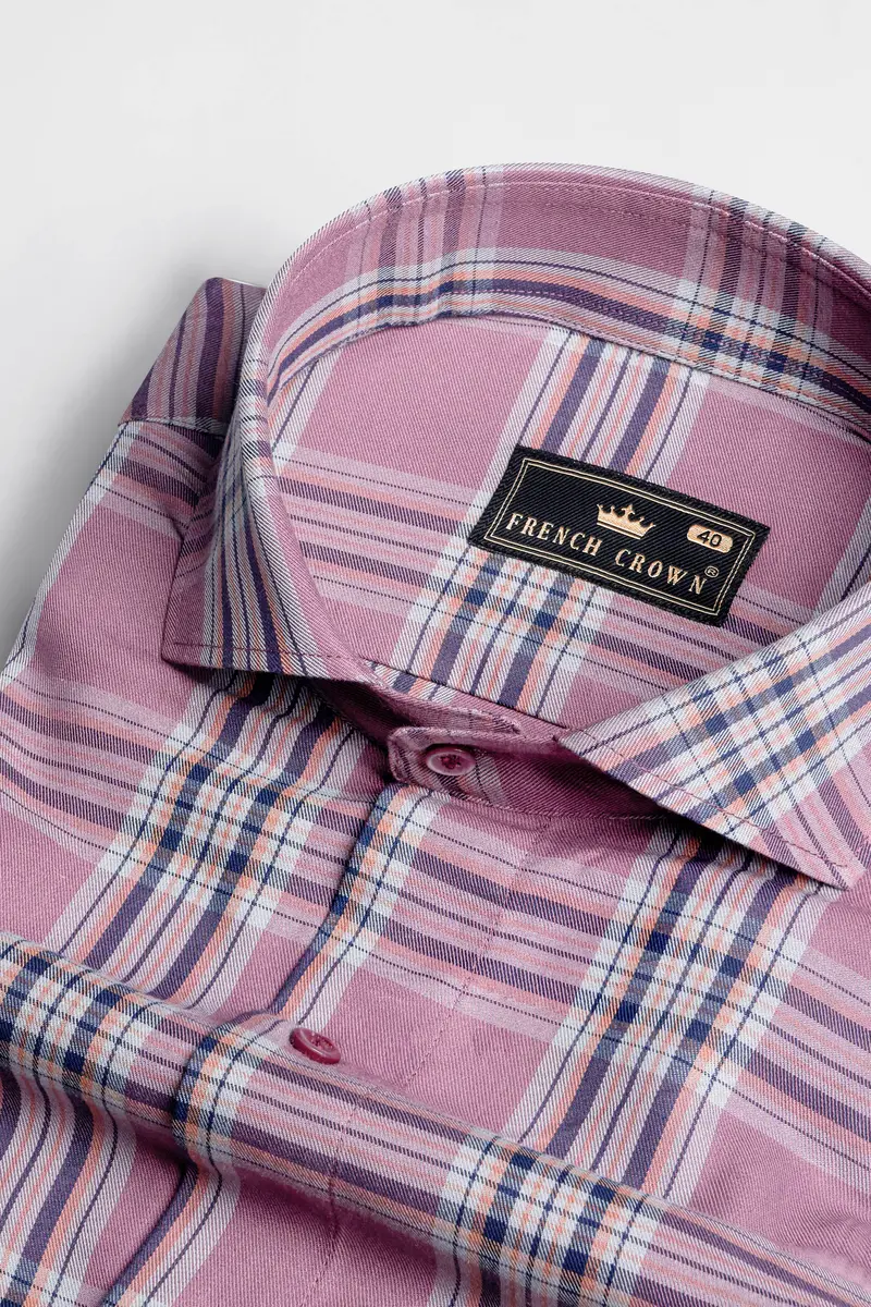 Turkish Rose Pink And Rhino Blue Twill Plaid Premium Cotton Shirt 1
