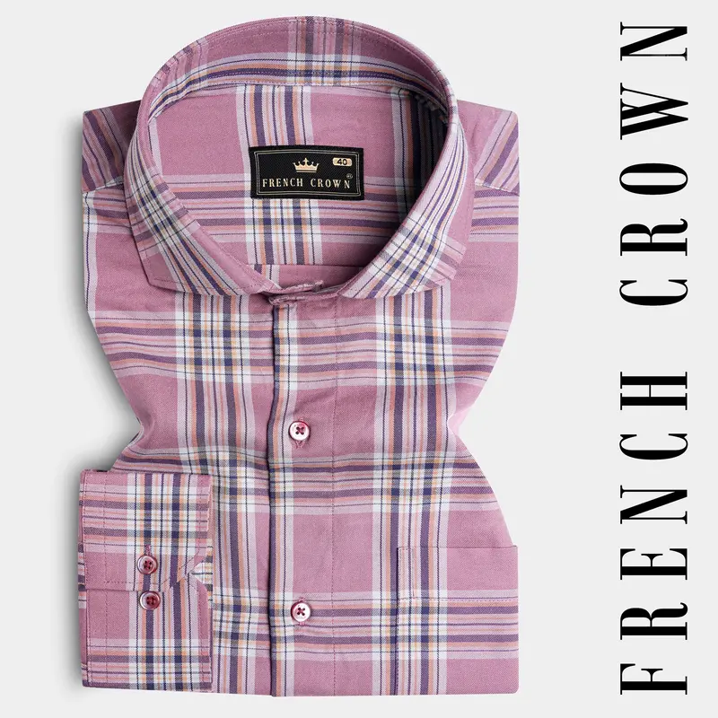 Turkish Rose Pink And Rhino Blue Twill Plaid Premium Cotton Shirt 7