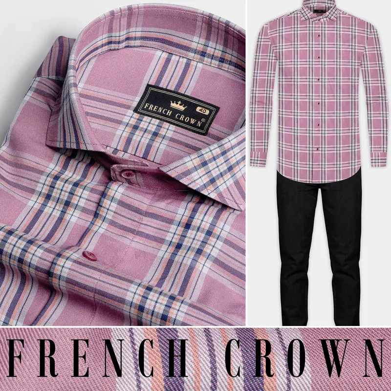 Turkish Rose Pink And Rhino Blue Twill Plaid Premium Cotton Shirt 8