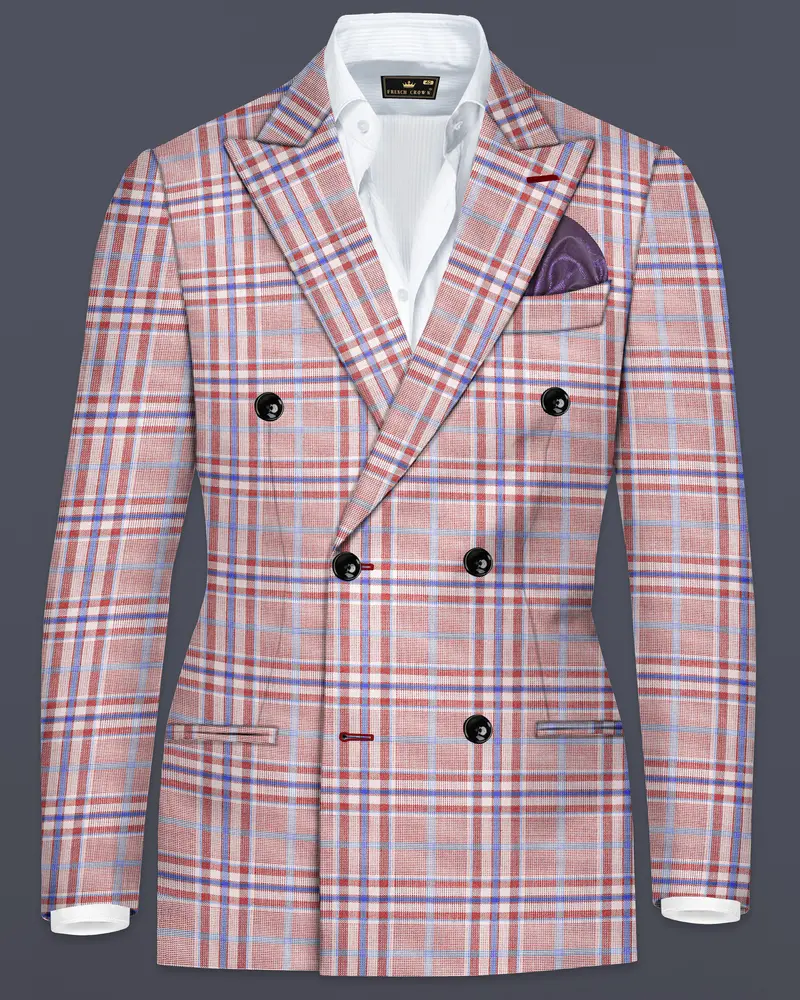 Turkish Rose Pink And Wild Blue Plaid Wool Rich Double Breasted Blazer 1