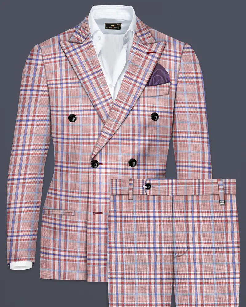 Turkish Rose Pink And Wild Blue Plaid Wool Rich Double Breasted Suit 1