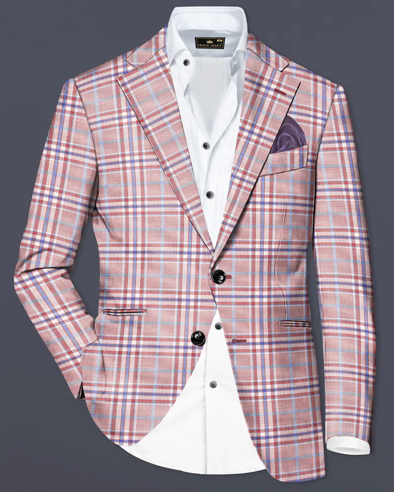 Turkish Rose Pink And Wild Blue Plaid Wool Rich Single Breasted Blazer 1