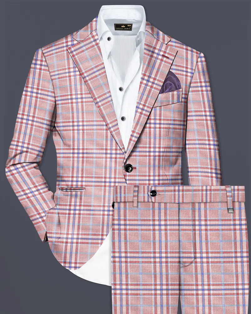 Turkish Rose Pink And Wild Blue Plaid Wool Rich Single Breasted Suit 1