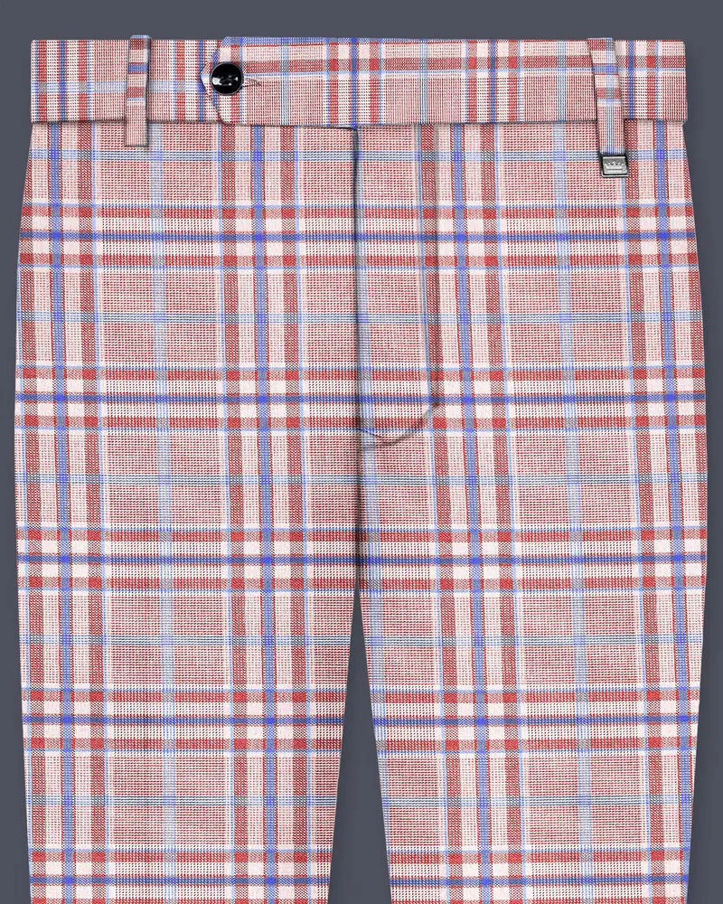 Turkish Rose Pink And Wild Blue Plaid Wool Rich Stretchable Waistband Pant 1
