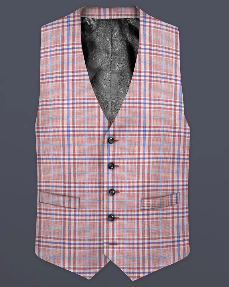 Turkish Rose Pink And Wild Blue Plaid Wool Rich Waistcoat 1