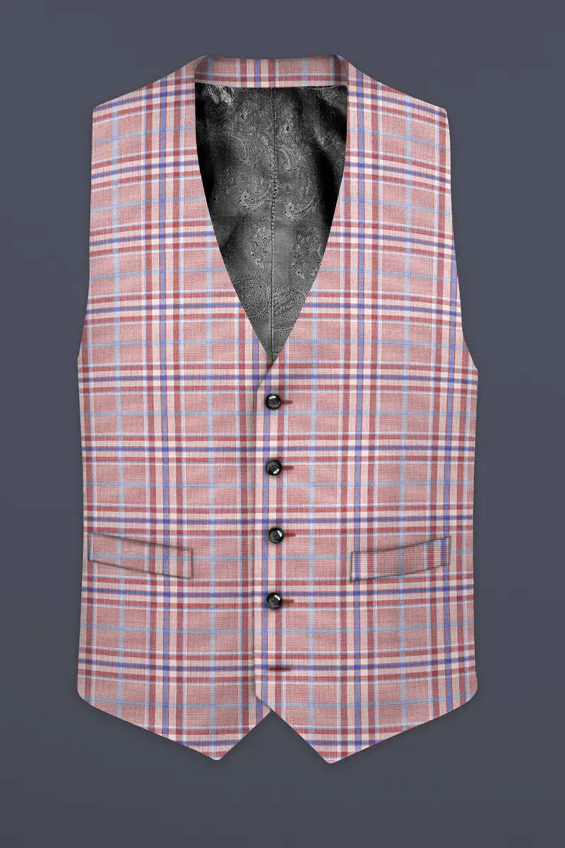 Turkish Rose Pink And Wild Blue Plaid Wool Rich Waistcoat 2